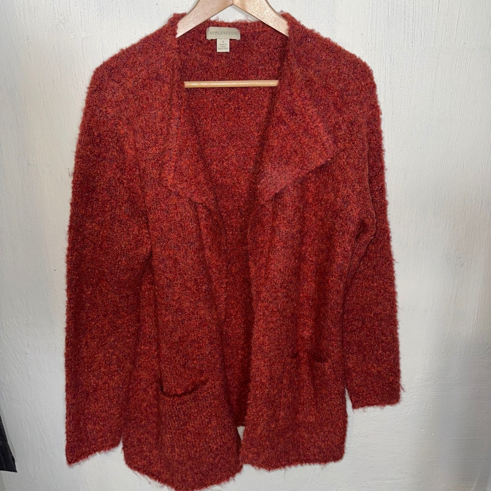 Appleseeds Women's Cottagecore Red Knit Cardigan Sweater Open Front Pockets Sz S